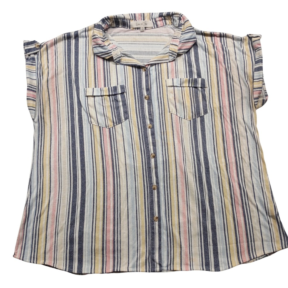 Eden & Olivia Button Down Womens 2X Short Sleeve Multi-Color Vertical Stripe